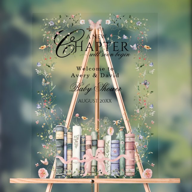Book Wildflower New Chapter Begin Baby Girl Shower Acrylic Sign (Neutral)
