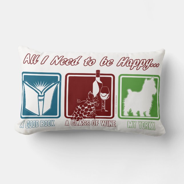 Book, Wine and Yorkie Lumbar Cushion (Front)