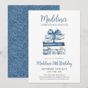 Book with blue bow Girl Birthday Invitation
