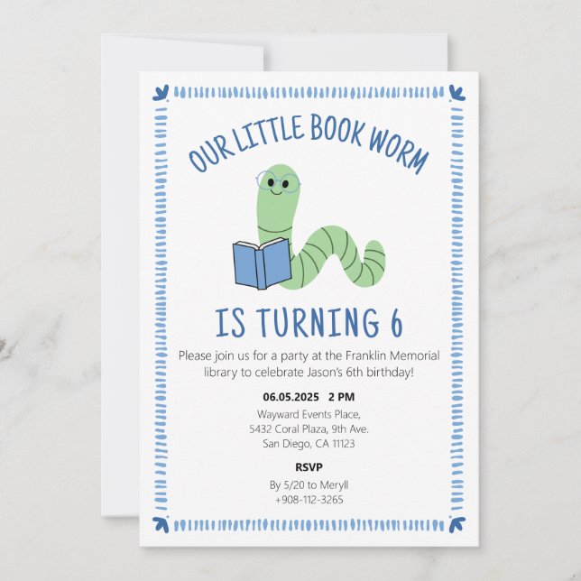 Book Worm Reading Lover Birthday Party Invite (Front)