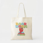 Book Worm Tote Bag<br><div class="desc">Book Worm T-shirts,  school tote bags,  mugs,  mousepads,  stickers,  cards,  magnets,  and more with a colourful,  fun,  design featuring an apple on a stack of books with a worm with eyeglasses peeking out from a hole in the apple! Brightly coloured text reads "Book Worm"!</div>