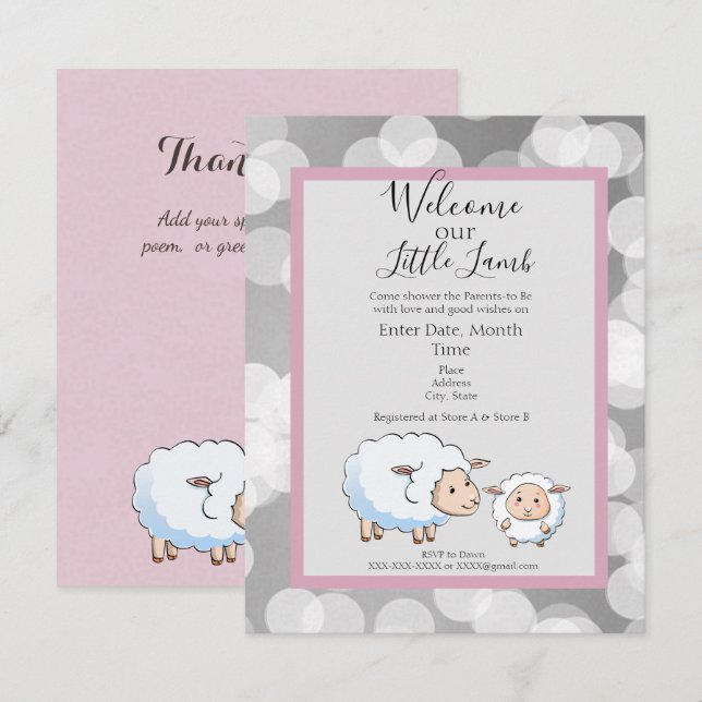 Bookah Pink, Grey Lamb Baby Girl Shower Supplies Invitation (Front/Back)