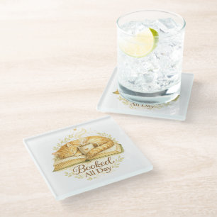 Booked All Day Cosy Cat Reading Watercolor Glass Coaster
