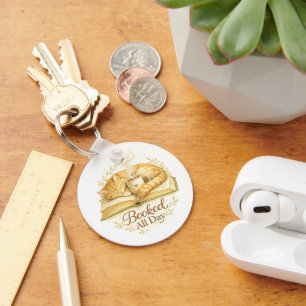 Booked All Day Cosy Cat Reading Watercolor Key Ring