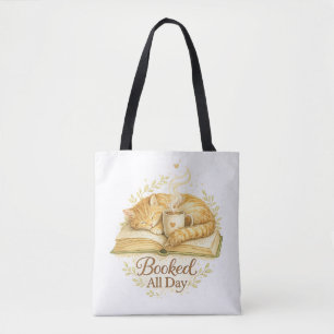 Booked All Day Cosy Cat Reading Watercolor Tote Bag