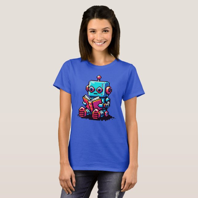 Bookish Bot: Quirky 8-Bit Robot Reading a Book T-Shirt (Front Full)