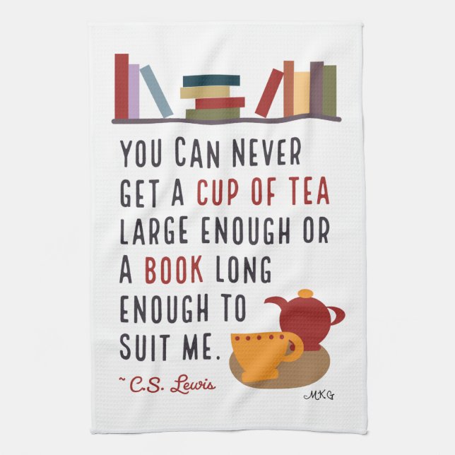 Bookish C.S. Lewis Tea and Books Quote Illustrated Tea Towel (Vertical)