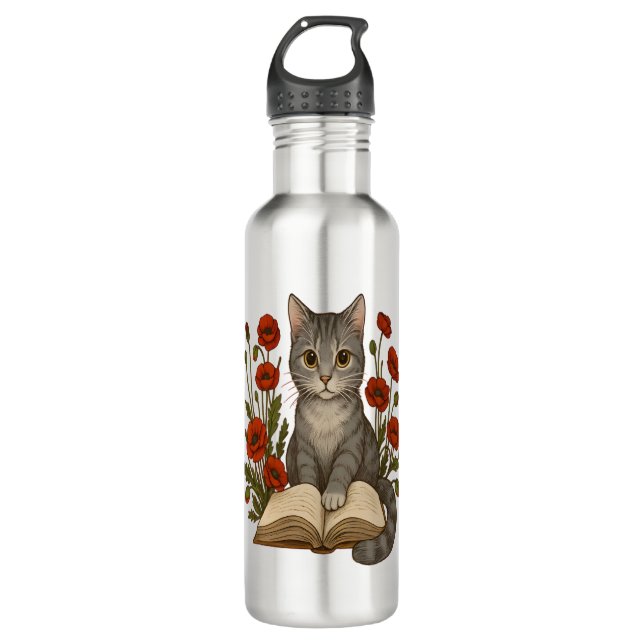 Bookish Cat – Cute Reading Cat With Poppies for Bo 710 Ml Water Bottle (Front)