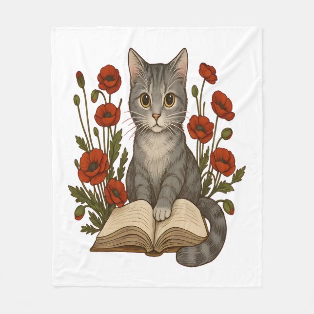 Bookish Cat – Cute Reading Cat With Poppies for Bo Fleece Blanket (Front)