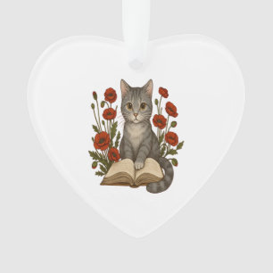 Bookish Cat � Cute Reading Cat With Poppies for Bo Ornament