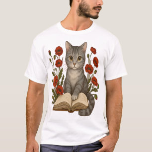 Bookish Cat � Cute Reading Cat With Poppies for Bo T-Shirt