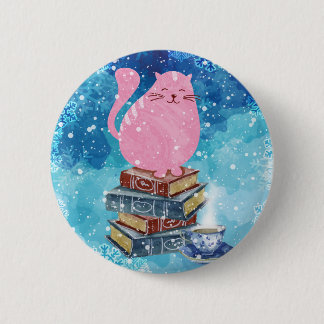Bookish Cat in Winter 6 Cm Round Badge