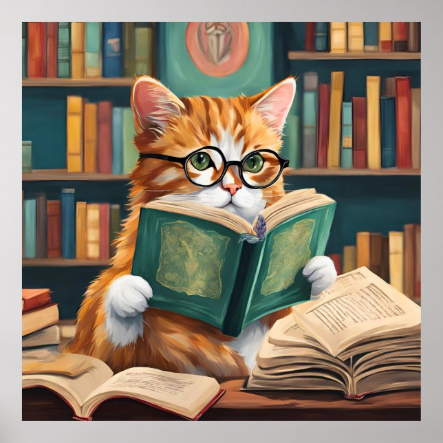 Bookish Cat Wall Art Print – Cute Reading Cat  (Front)