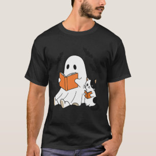Bookish Ghost Reading with Cat Book Lover Hallowee T-Shirt