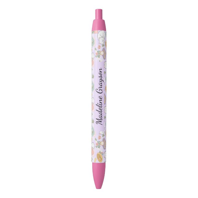 Bookish Gingham Girl Cute Purple Black Ink Pen (Front Vertical)