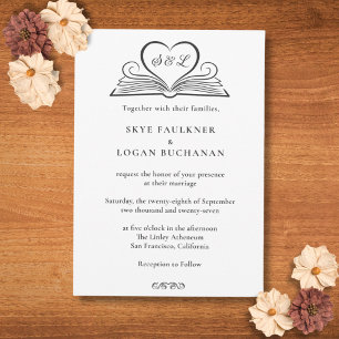 Bookish Heart Monogram Literary Library Wedding Invitation