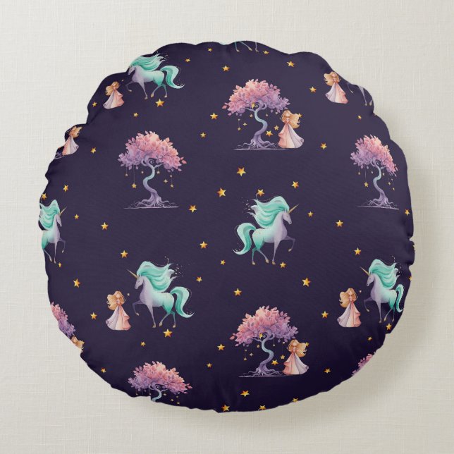 Bookish Magic Unicorn & Storytime Girl Round Pillo Round Cushion (Front)