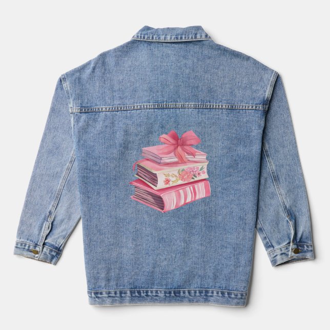 Bookish pink watercolor bow reading love denim jacket (Back)