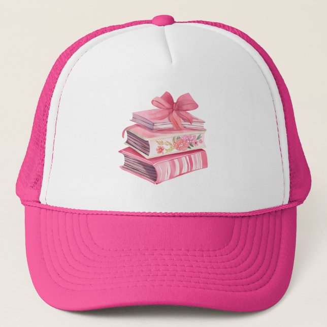 Bookish pink watercolor bow reading love  trucker hat (Front)