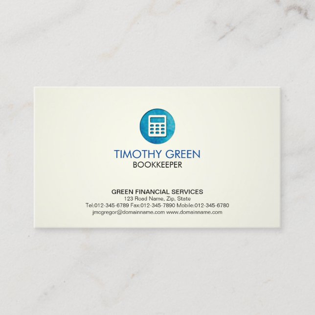 Bookkeeper Financial Services Calculator Blue Icon Business Card (Front)