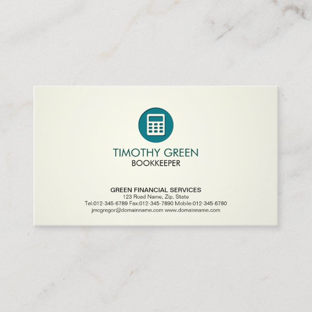 Bookkeeper Financial Services Calculator GreenIcon Business Card (Front)