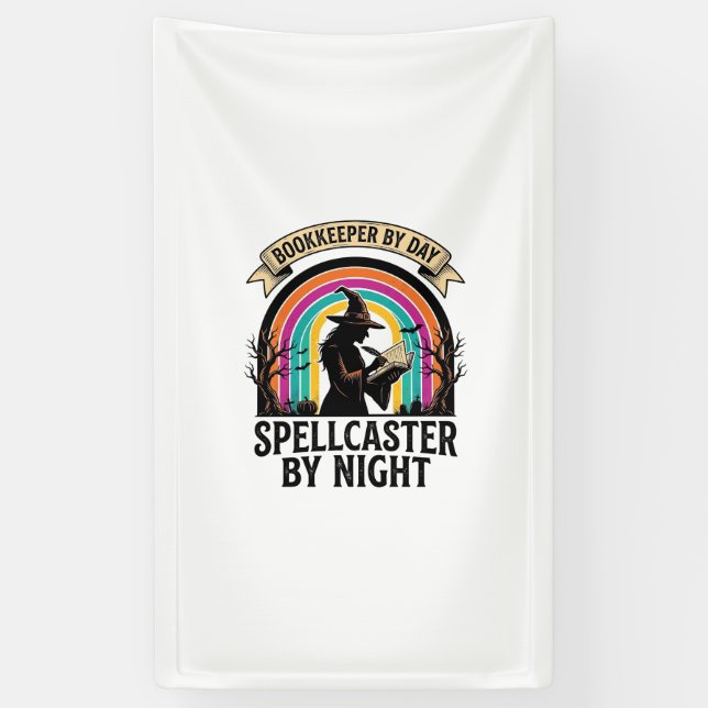 Bookkeeper Witch Retro Halloween Accounting Design Banner (Vertical)