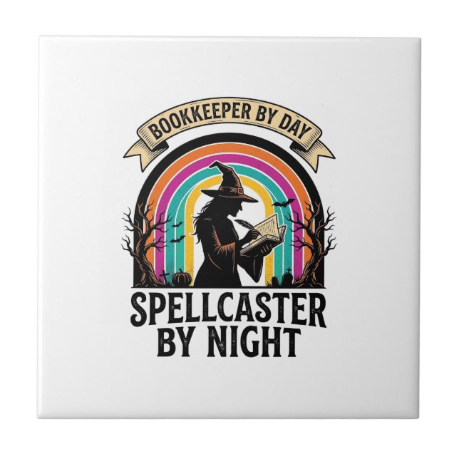 Bookkeeper Witch Retro Halloween Accounting Design Tile (Front)