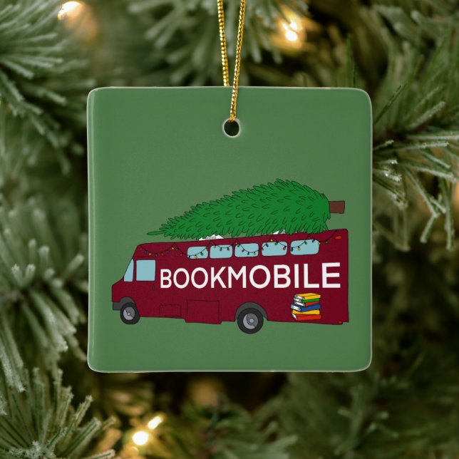 Bookmobile with Christmas Tree on Top Ceramic Ornament (Tree)