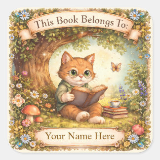 Bookplate - Cat Reading a Book Under a Tree Square Sticker