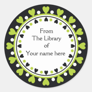 Bookplate - Green Hearts white Polka Dots Classic Round Sticker