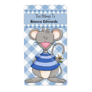Bookplate Label Teens Kids Book Blue Mouse Check