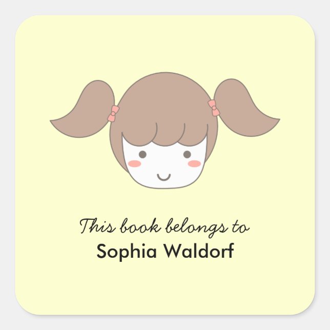 Bookplate Little Girl with Pigtails Square Sticker (Front)