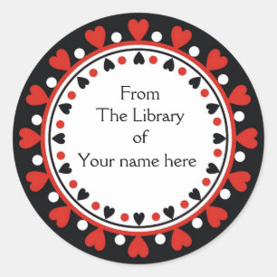 Bookplate - Red Hearts white Polka Dots Classic Round Sticker