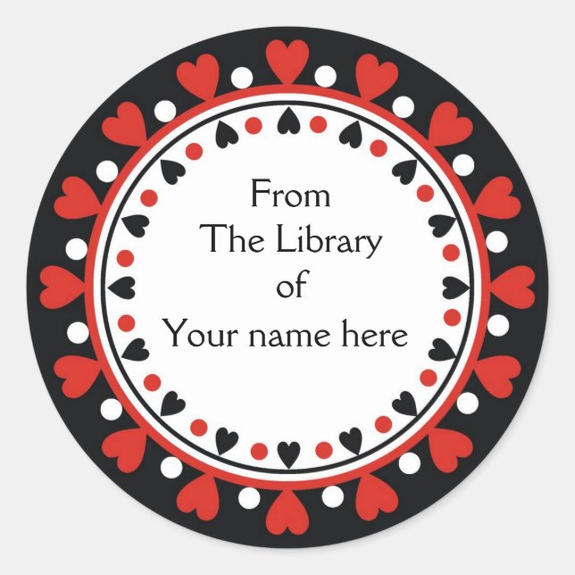 Bookplate - Red Hearts white Polka Dots Classic Round Sticker (Front)
