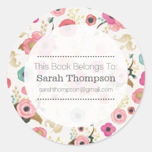 Bookplate School Name Stickers Floral Pattern