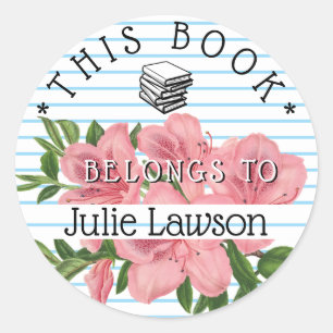 Bookplate This Book Belongs To Pink Flower Name Classic Round Sticker