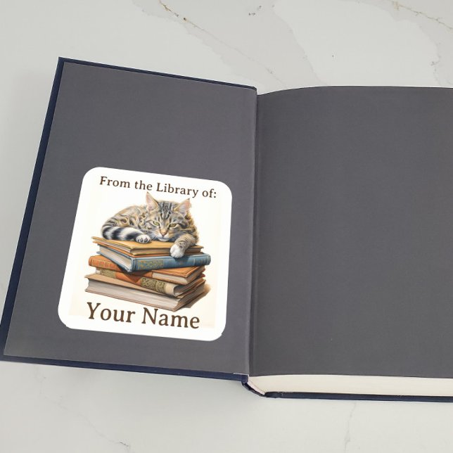 Bookplate with Cat on Books Square Sticker (A bookplate showing a cat lying on some books is displayed inside a book.)