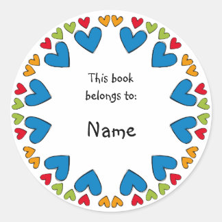 Bookplate with colourful hearts classic round sticker