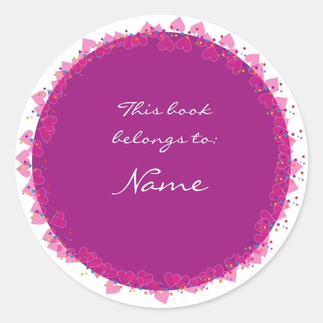 Bookplate with cute hearts classic round sticker (Front)