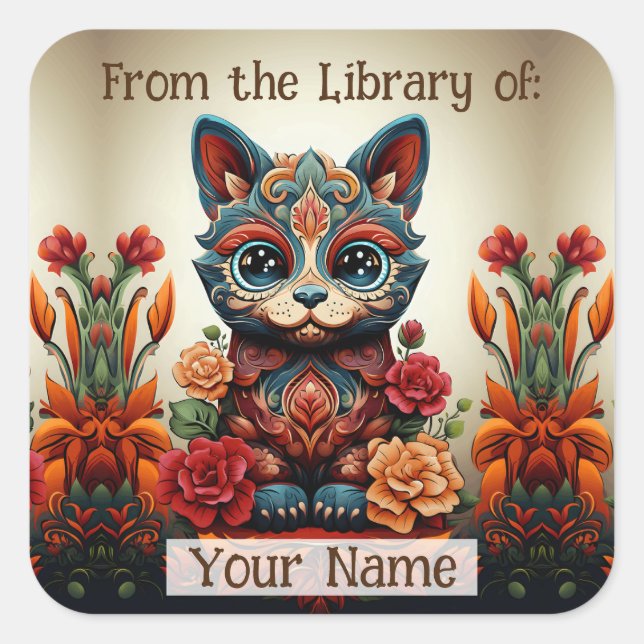 Bookplate with Decorative Cat Square Sticker (Front)
