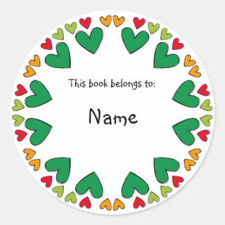 Bookplate with green and red cute heart border classic round sticker