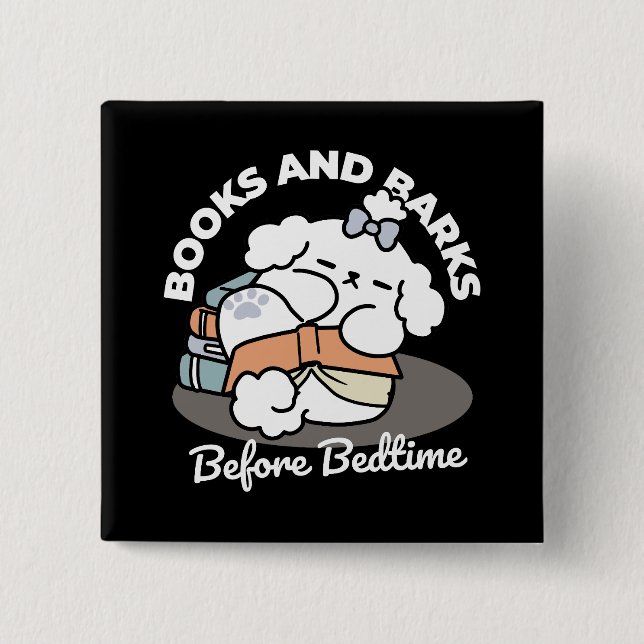 Books and Barks – Cute Sleepy Dog Reading Design 15 Cm Square Badge (Front)