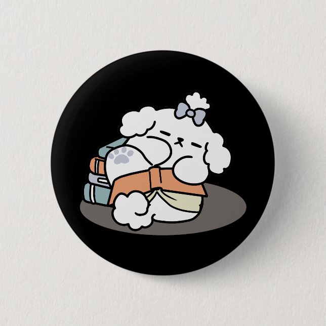 Books and Barks – Cute Sleepy Dog Reading Design 6 Cm Round Badge (Front)