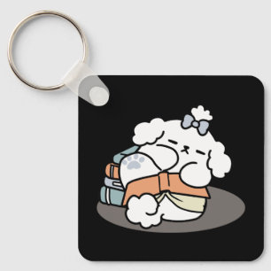 Books and Barks – Cute Sleepy Dog Reading Design Key Ring