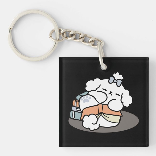 Books and Barks – Cute Sleepy Dog Reading Design Key Ring (Front)