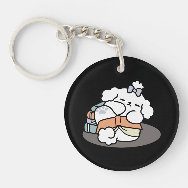 Books and Barks – Cute Sleepy Dog Reading Design Key Ring (Front)