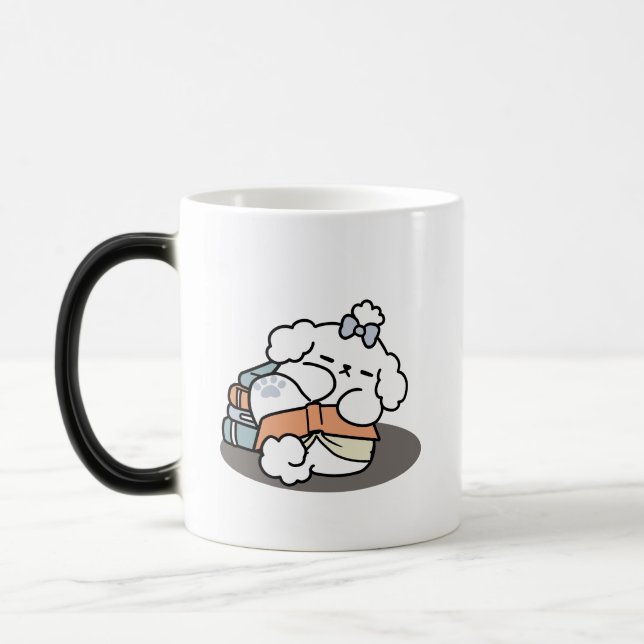 Books and Barks – Cute Sleepy Dog Reading Design Magic Mug (Left)