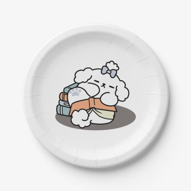 Books and Barks – Cute Sleepy Dog Reading Design Paper Plate (Front)