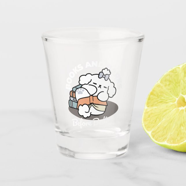 Books and Barks – Cute Sleepy Dog Reading Design Shot Glass (Front)