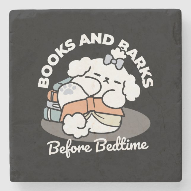 Books and Barks – Cute Sleepy Dog Reading Design Stone Coaster (Front)